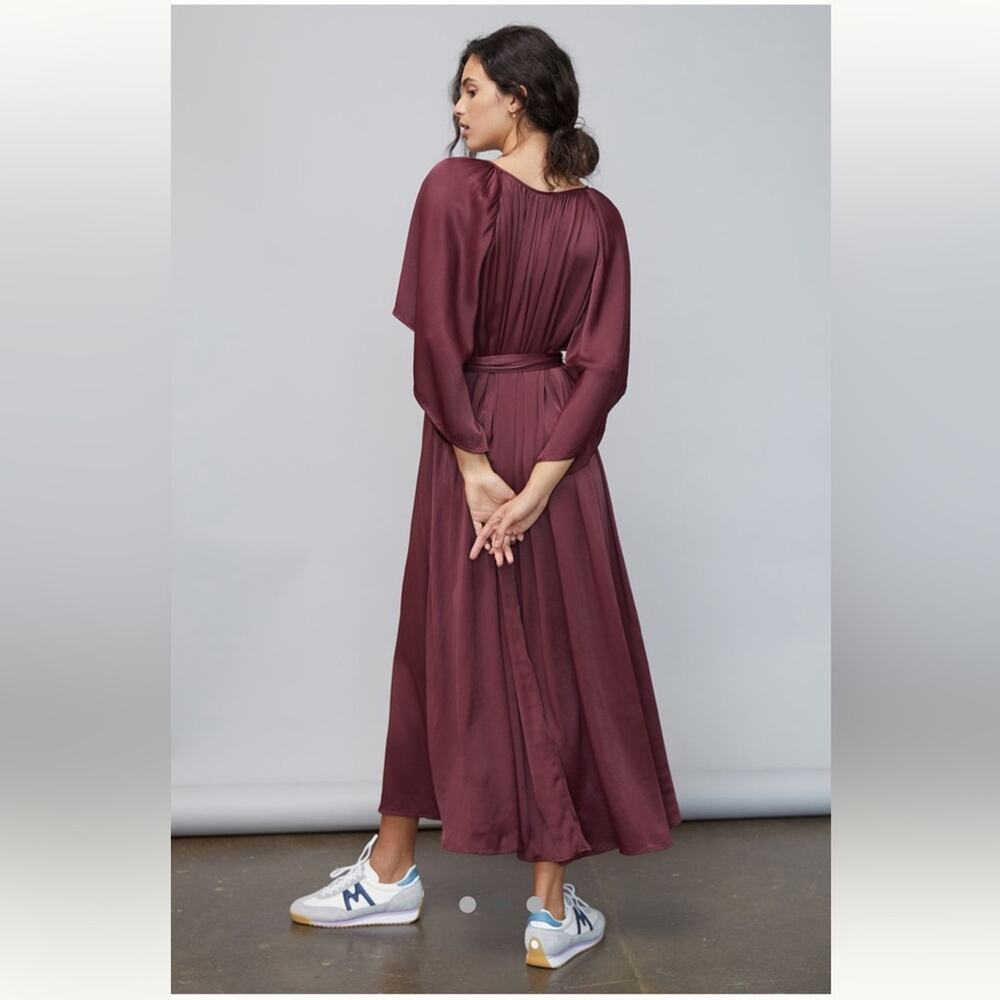 Anthropologie Cecile Wine Kimono Sleeve Satin Draped Maxi Dress Tie Waist S - Picture 2 of 13